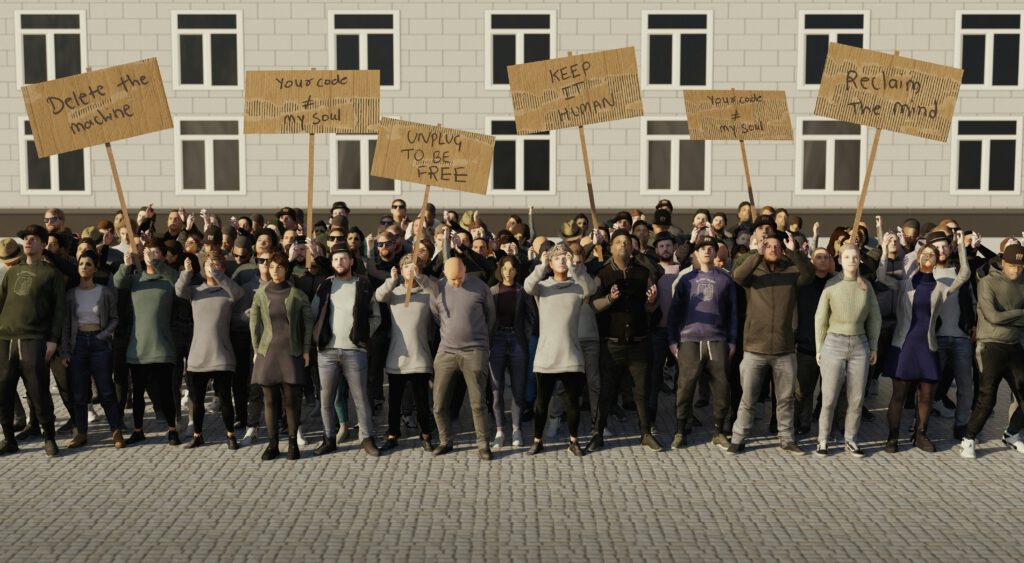 Menschenmenge mit Protestschildern vor einem Gebäude – Sinnbild für Widerstand gegen Veränderung